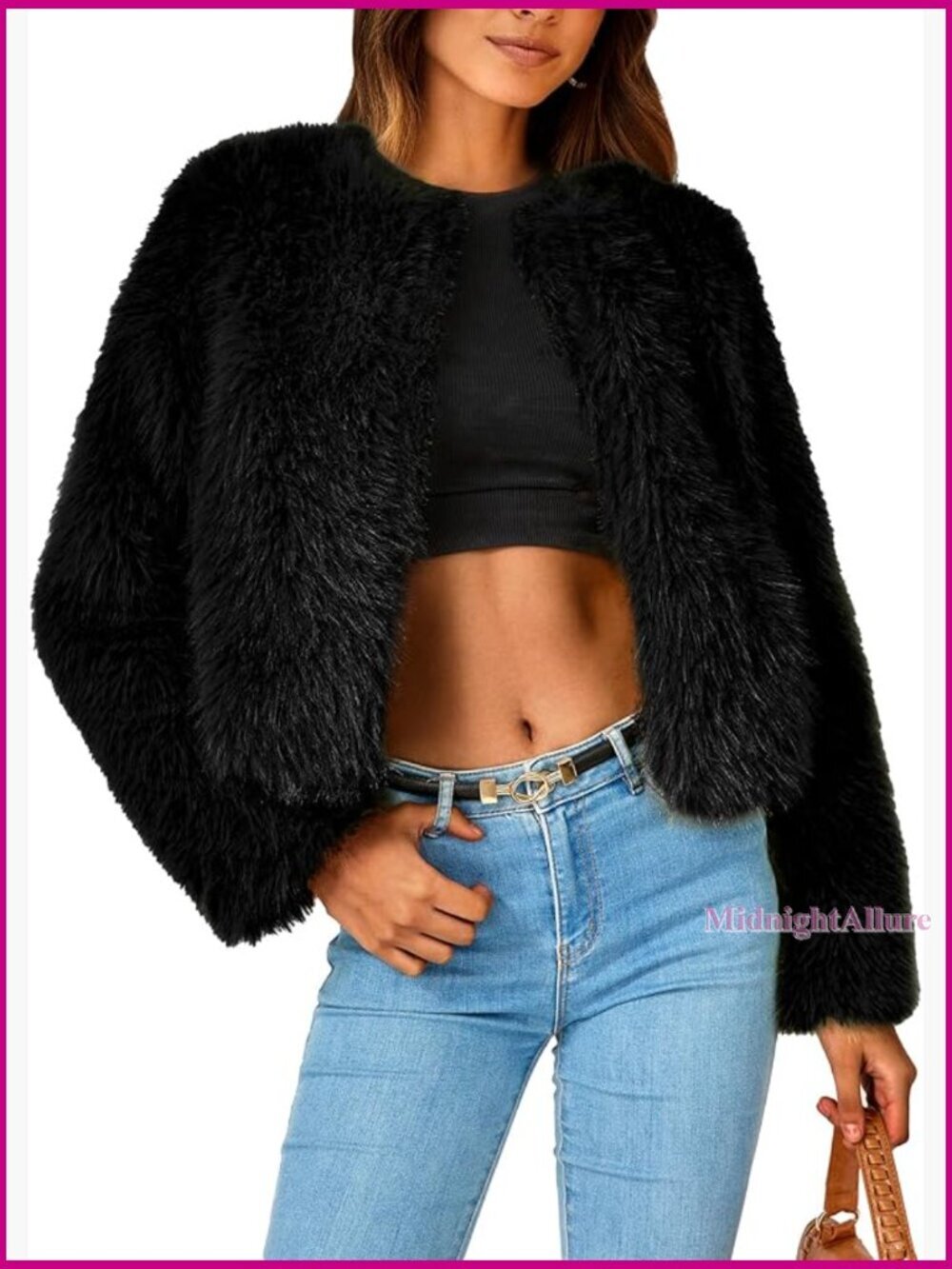 Faux Fur Cropped Jacket, Fleece, Long Sleeve, Pockets, Winter Outerwear